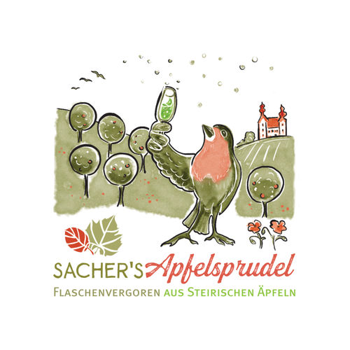 Apfelsprudel, Etikett - Kunde: Sacher's Apfelsprudel & Amphorenwein